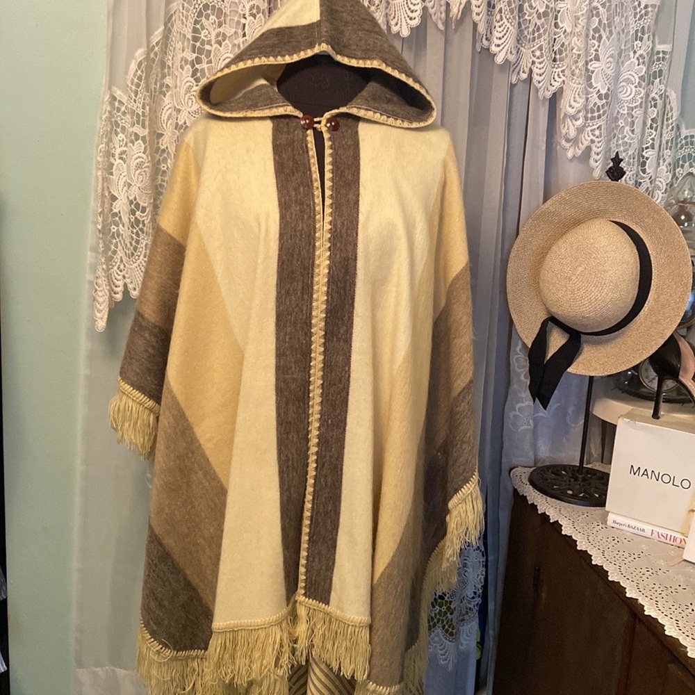Woven Brushed Acrylic Cream Gray Yellow Cape Shawl Poncho